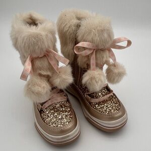 Faux Fur Glitter Zip up Winter Boots w/Pink Bows and Pom poms girls size 9